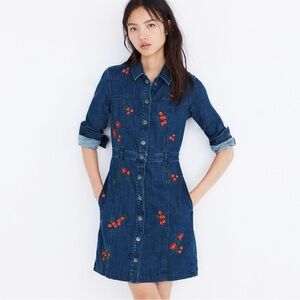 Madewell Blue Denim Dress with Red Floral Embroidery Size 10